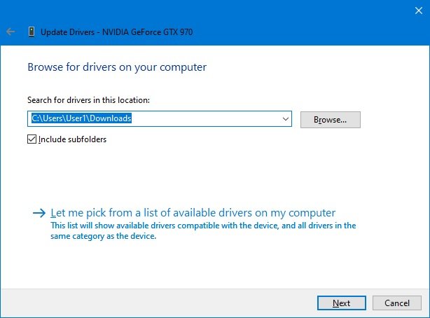 Windows driver update location select