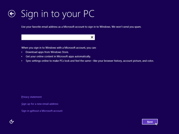 Windows 8 new account screen