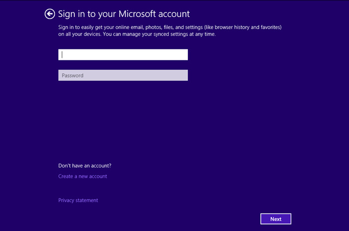 Windows 8.1 new account screen